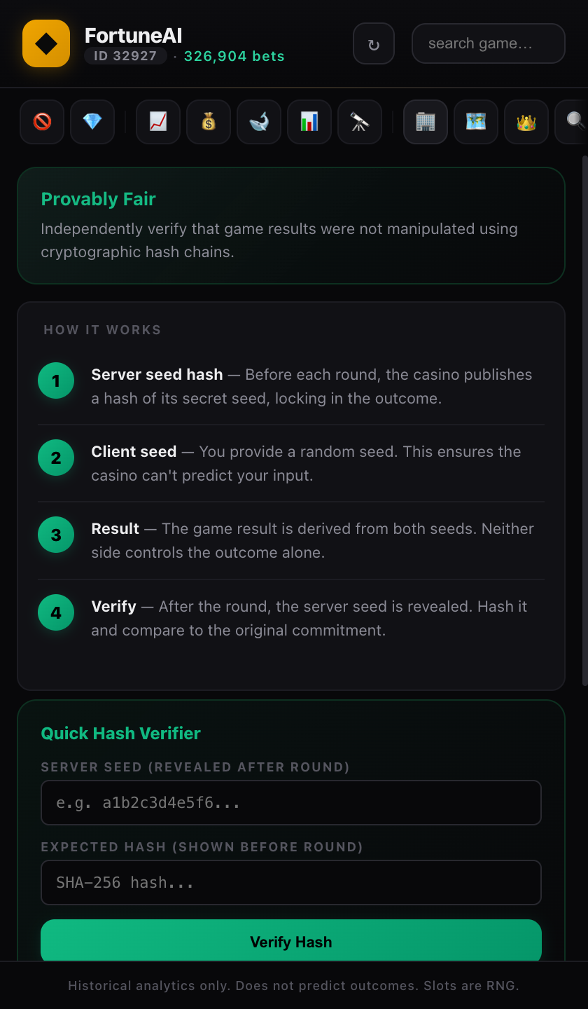 Provably fair verifier with hash input